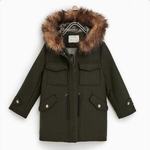 Zara Girls Olive Green Wool Blend Faux Fur Hooded Coat Size 11/12